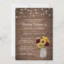 Rustic Wood Sunflowers Burgundy Mason Jar Boda