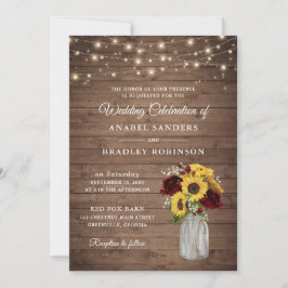 Invitación Rustic Wood Sunflowers Burgundy Mason Jar Boda