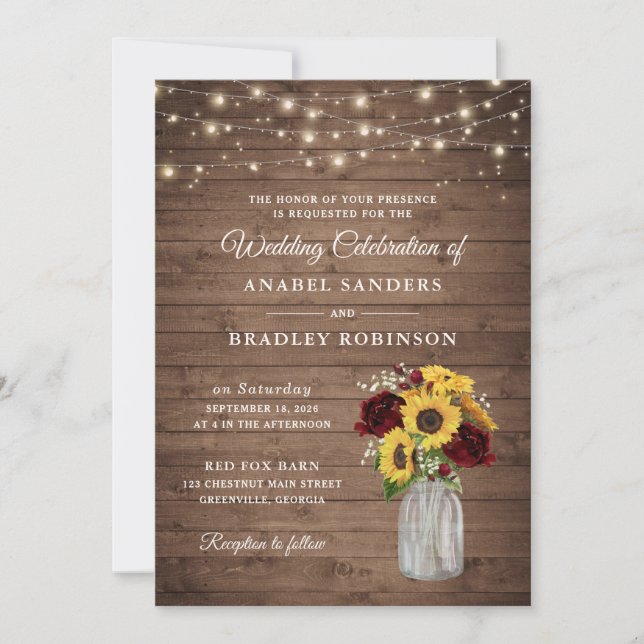 Invitación Rustic Wood Sunflowers Burgundy Mason Jar Boda (Anverso)