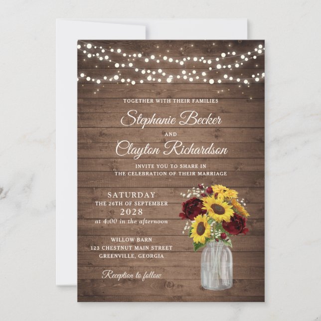 Invitación Rustic Wood Sunflowers Burgundy Mason Jar Boda (Anverso)