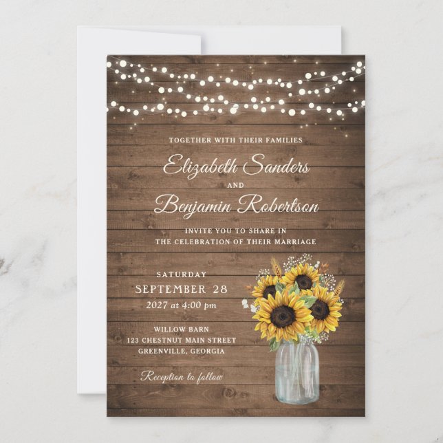 Invitación Rustic Wood Sunflowers Mason Jar Boda (Anverso)