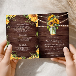 Invitación Rustic Wood Sunflowers Mason Jar QR Code Wedding