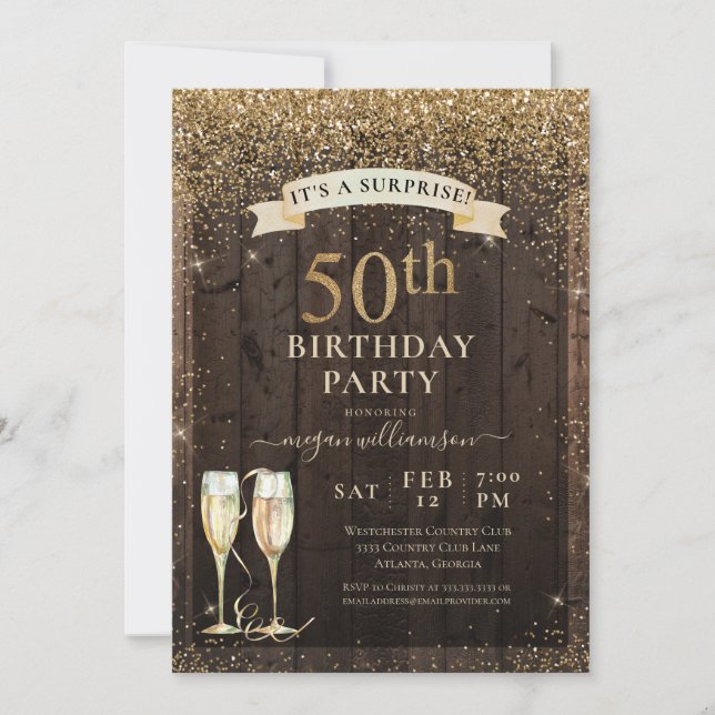 Invitación Rustic Wood Surprise 50º cumpleaños Purpurina de O (Anverso)