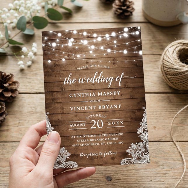 Invitación Rustic Wood Twinkle String Luces Lace Boda (Subido por el creador)