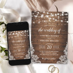 Invitación Rustic Wood Twinkle String Luces Lace Boda<br><div class="desc">Celebra tu historia de amor con esta invitación a la boda de encaje de Twinkle String Lights. Esta invitación capta la elegancia rústica de una celebración de madera, mostrando una hermosa combinación de texturas de madera, luces de cuerda relucientes y acentos de encaje. La plantilla de personalizable le permite añadir...</div>