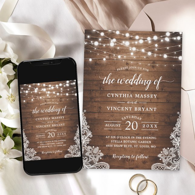 Invitación Rustic Wood Twinkle String Luces Lace Boda (Perfect for couples planning a rustic-themed wedding with a touch of enchantment and romance.)