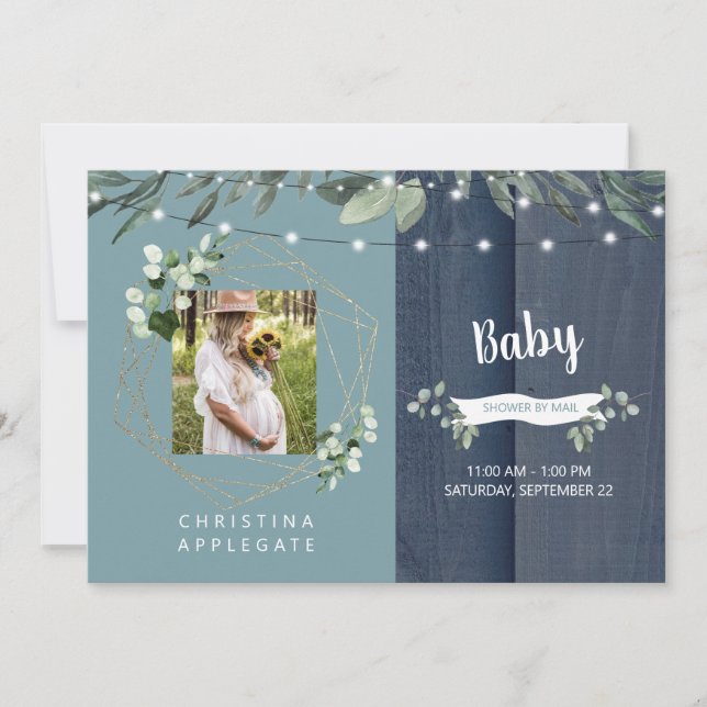 Invitación Rustic Wood Verde azulado y Navy Foto Baby Shower  (Anverso)