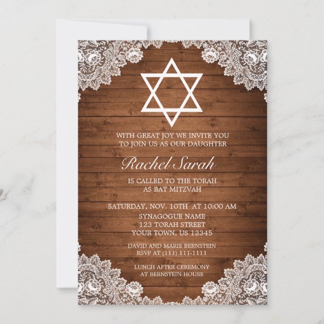 Invitación Rustic Wood & White Lace Bar Bat Mitzvah (Anverso)