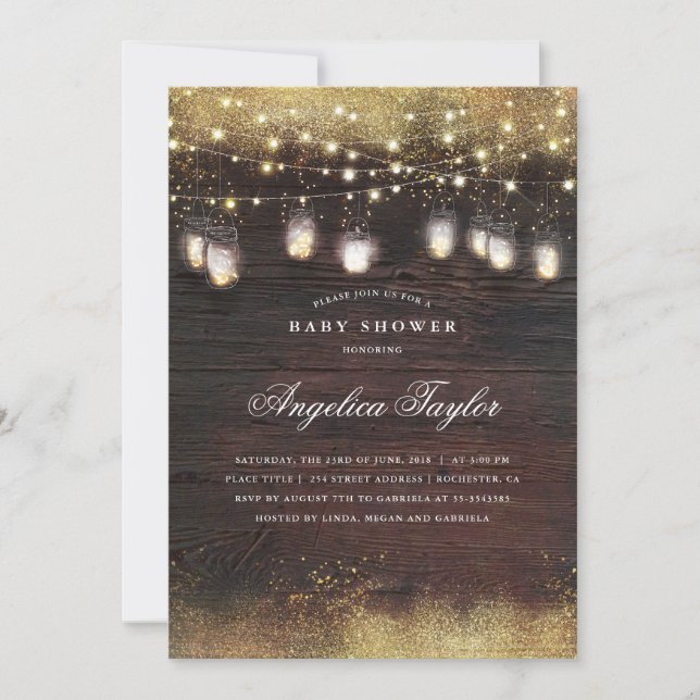 Invitación Rustic Wood y Mason Jar iluminan Baby Shower (Anverso)