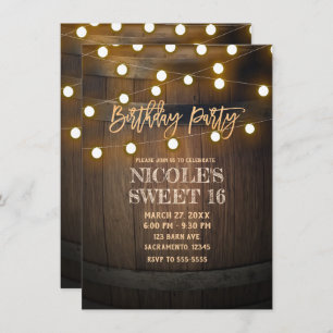 Invitación Rustic Wooden Barrel String ilumina fiesta de cump