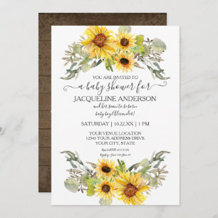 Invitación Rustic Wooden Sunflower Boy Baby Shower Watercolor