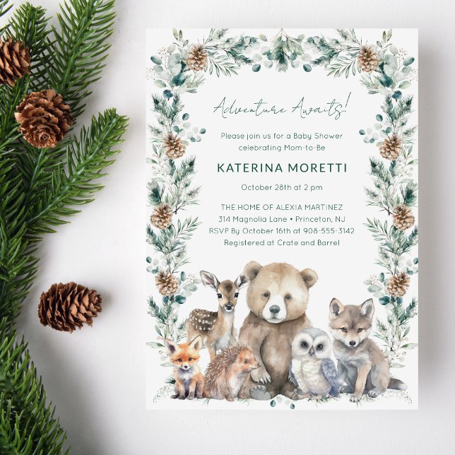 Invitación Rustic Woodland Adventure espera Baby Shower (This gender neutral Adventure Awaits woodland baby shower invitation features winter greenery)