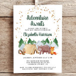 Invitación Rustic Woodland Animals Adventure Baby Shower<br><div class="desc">Dulce invitación rústica a la ducha de bebé con un lindo ilustracion de animales de bosque con su tienda acampando en las montañas y el bosque, un overlay de estrellas de oro y "Adventure Awaits" y el nombre de la futura madre en un guión verde oscuro para cazadores. Personaliza fácilmente...</div>