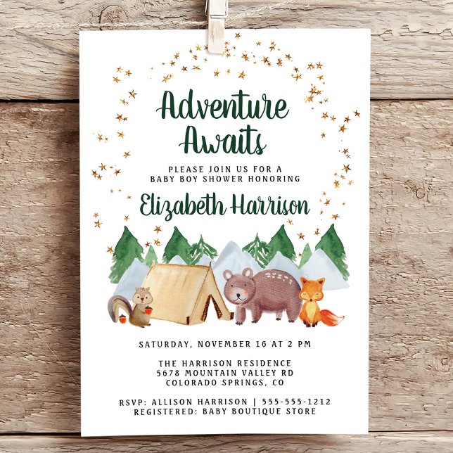 Invitación Rustic Woodland Animals Adventure Baby Shower (Embrace your upcoming adventure with a super cute baby shower invitation)