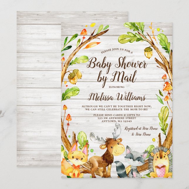 Invitación Rustic Woodland Animals Baby Shower por correo (Anverso / Reverso)