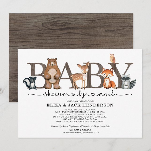 Invitación Rustic Woodland Animals Baby Shower Por Correo (Anverso / Reverso)
