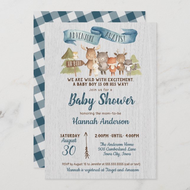 Invitación Rustic Woodland Animals Boy Baby Shower (Anverso / Reverso)