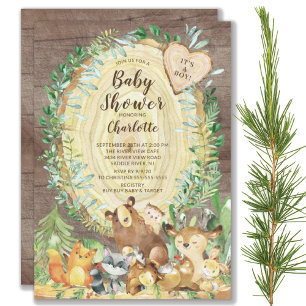 Invitación Rustic Woodland Animals Boys Baby Shower