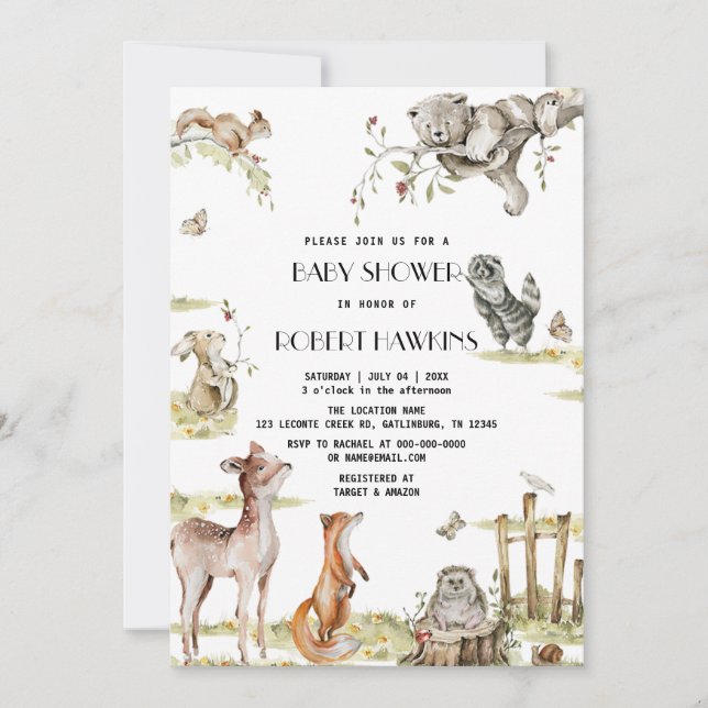 Invitación Rustic Woodland Animals Forest Friends Baby Shower (Anverso)