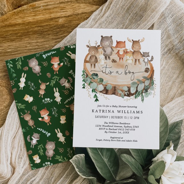 Invitación Rustic Woodland Animals Greenery Boy Baby Shower (Subido por el creador)