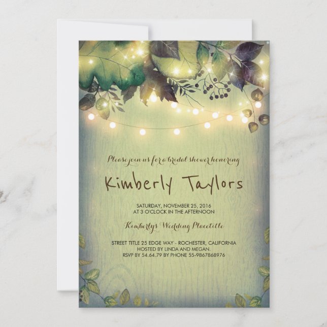 Invitación Rustic Woodland Barn String ilumina ducha de novia (Anverso)