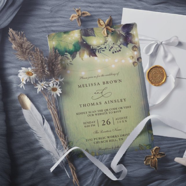 Invitación Rustic Woodland Barn String Lights QR Code Wedding (Subido por el creador)