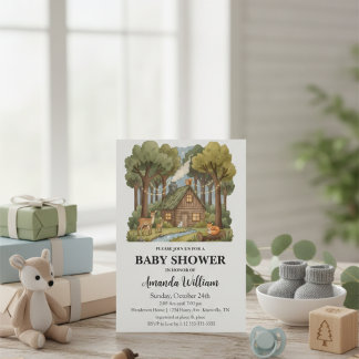 Invitación Rustic Woodland Cabin Forest Animals Baby Shower