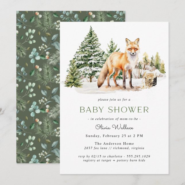 Invitación Rustic Woodland Fox | Winter Forest Baby Shower (Anverso / Reverso)