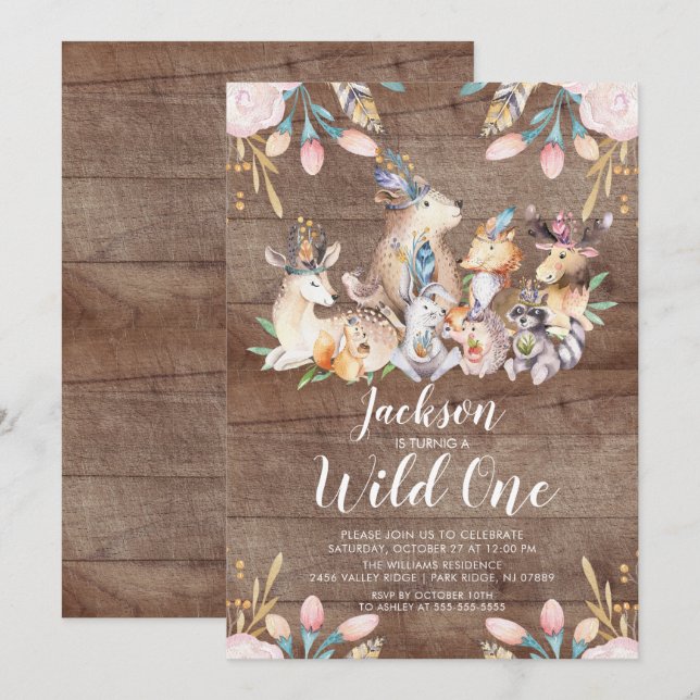 Invitación Rustic Woodland Friends Wild One Birthday Party (Anverso / Reverso)