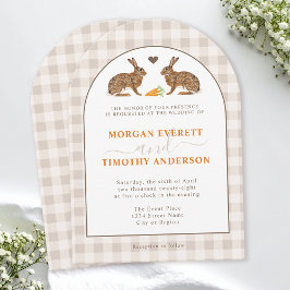 Invitación Rustic Woodland Hares On Beige Gingham Wedding