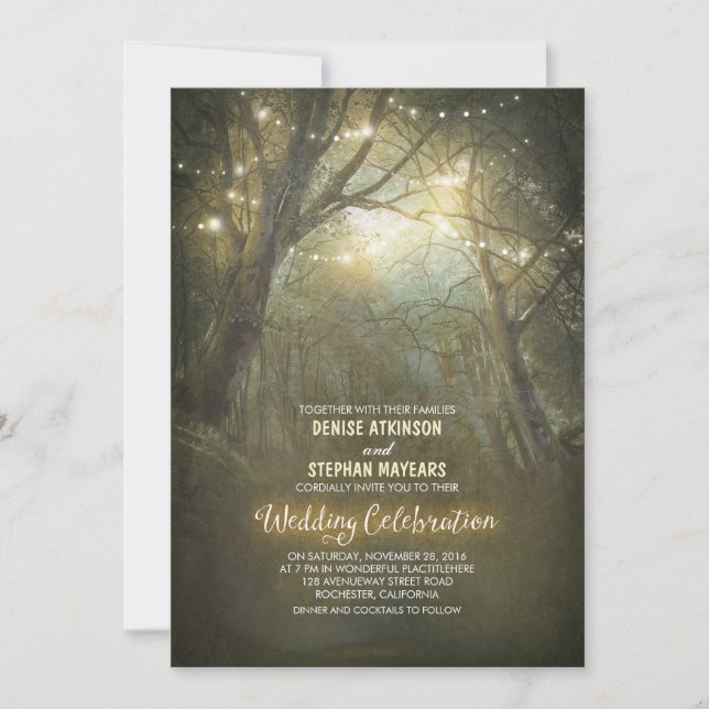Invitación Rustic Woodland String ilumina a Trees Boda (Anverso)