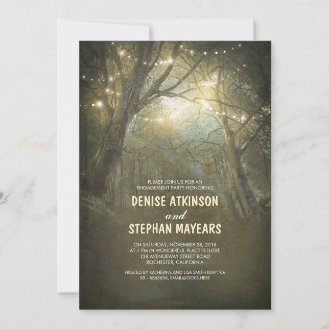 Invitación Rustic Woodland String Lights Engagement Party (Anverso)