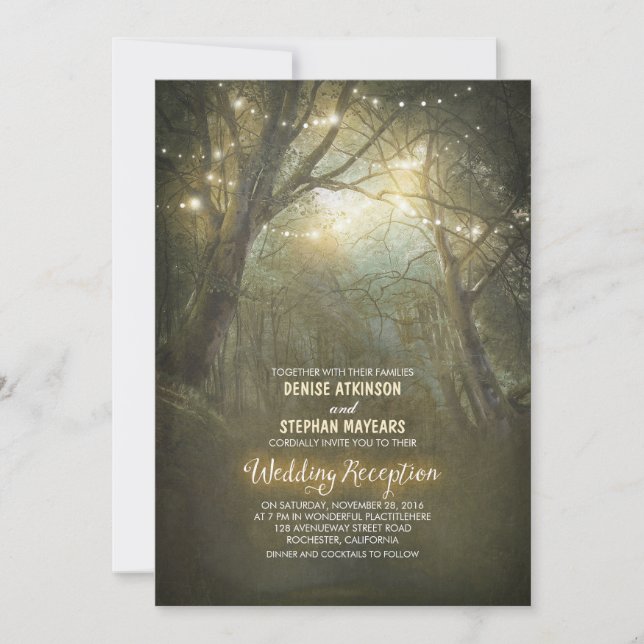 Invitación Rustic Woodland String Lights Wedding Reception (Anverso)
