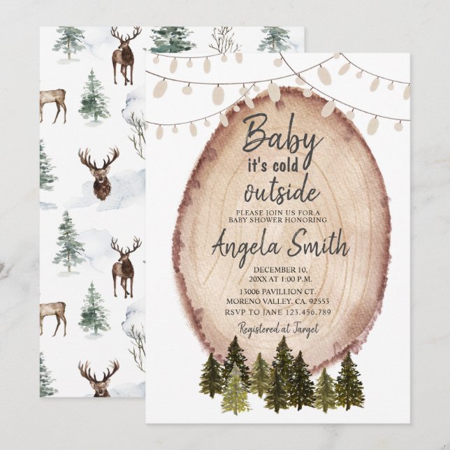 Invitación Rustic Woodland Winter Baby Shower String Lights (Anverso / Reverso)
