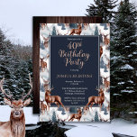 Invitación Rustic Woodsy Deer | Forest 40th Birthday Party<br><div class="desc">Celebrate his birthday in rustic woodsy style with this deer nature pattern,  outdoor-themed "Birthday Party" design featuring a variety of deer with evergreen fir trees,  mountains and snow on a white background on front and a rustic faux dark wood background on back.  Composite design by Holiday Hearts designs.</div>
