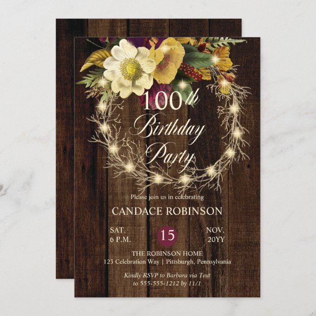 Invitación Rustic Woodsy: Fiesta de cumpleaños número 100 (Anverso / Reverso)