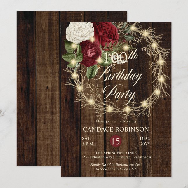 Invitación Rustic Woodsy: Fiesta de cumpleaños número 100 (Anverso / Reverso)