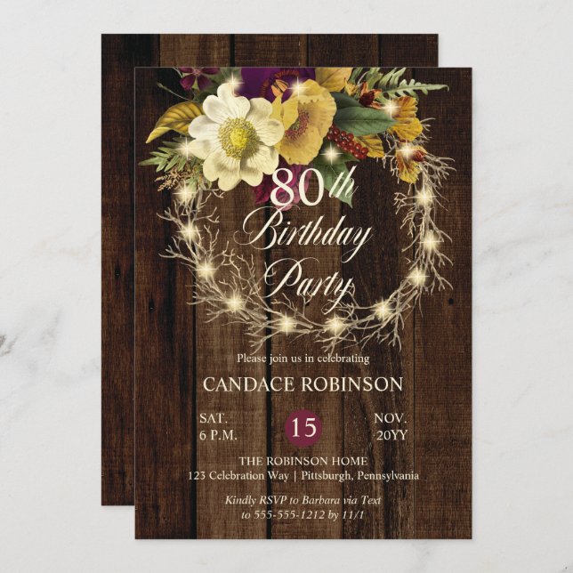 Invitación Rustic Woodsy: Fiesta de cumpleaños número 80 de W (Anverso / Reverso)