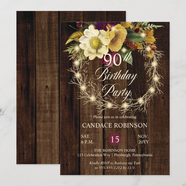 Invitación Rustic Woodsy iluminó a Wreath 90th Birthday Party (Anverso / Reverso)