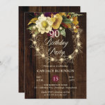 Invitación Rustic Woodsy iluminó a Wreath 90th Birthday Party<br><div class="desc">Moda de campo,  florida y falsa corona de ramas adornada con flores blanquecinas,  burdeos y doradas de tono "Nochevieja fiesta de cumpleaños" en un fondo de imitación de manchas oscuras. Diseño rústico compuesto de madera por Holiday Hearts Designs (derechos reservados).</div>