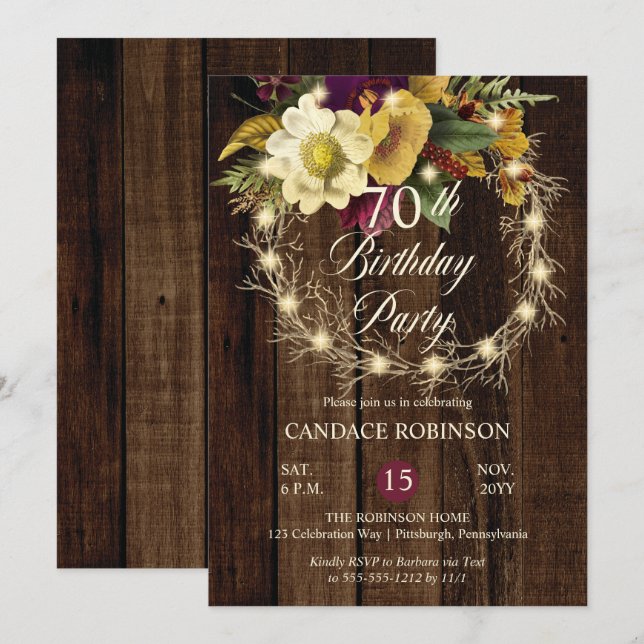 Invitación Rustic Woodsy: La fiesta de cumpleaños número 70 d (Anverso / Reverso)