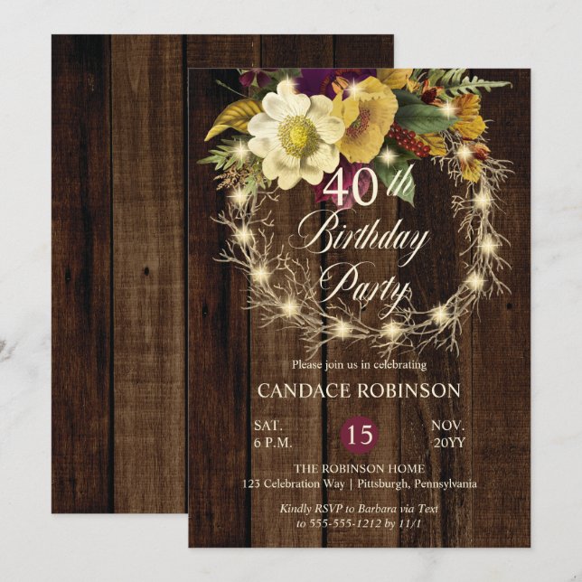 Invitación Rustic Woodsy Leyó a Wreath 40 Fiesta de cumpleaño (Anverso / Reverso)