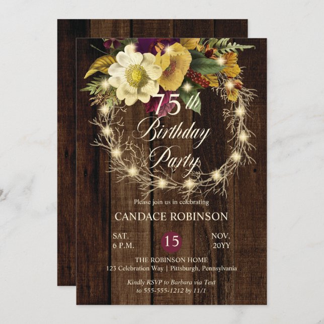 Invitación Rustic Woodsy Luminó Wreath 75th Birthday Party I (Anverso / Reverso)