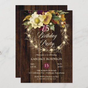 Invitación Rustic Woodsy Luminó Wreath 75th Birthday Party I