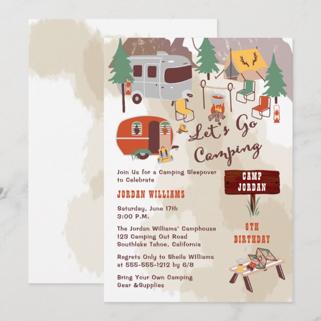Invitación Rustic Woodsy vamos a acampar fiesta de cumpleaños (Anverso / Reverso)