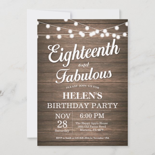 Invitación rústica 18 cumpleaños madera fabulosa (Anverso)