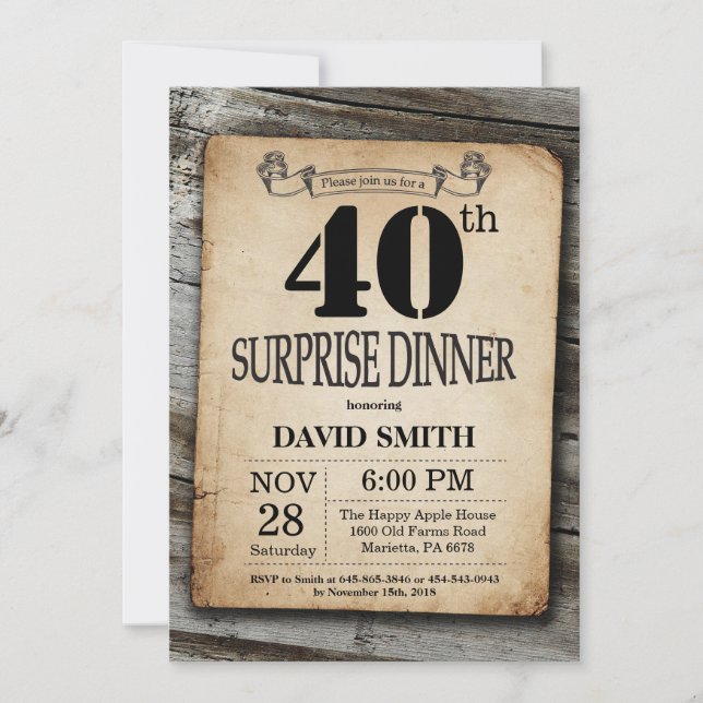 Invitación Rústica 40.ª Sorpresa Cumpleaños Cena Madera Vinta (Anverso)