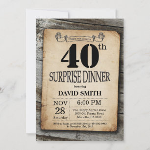 Invitación Rústica 40.ª Sorpresa Cumpleaños Cena Madera Vinta