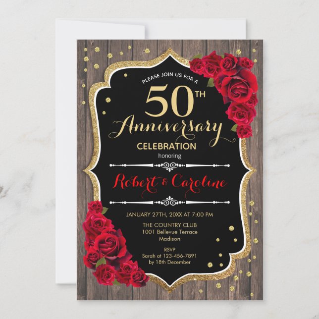 Invitación Rústica 50 Aniversario - Madera Rojo Do (Anverso)