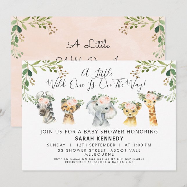 Invitación rustica a Baby Shower de Safari floral  (Anverso / Reverso)